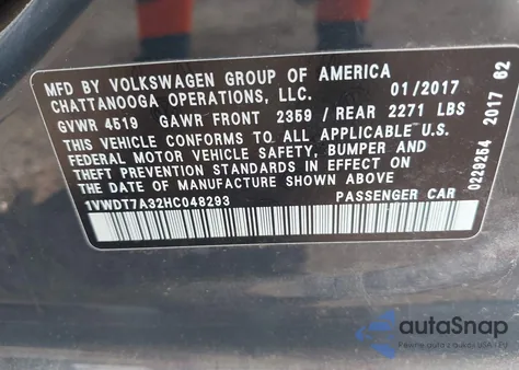 2017 Volkswagen Passat 1.8T R-Line from USA, damaged, VIN 1VWDT7A32HC048293